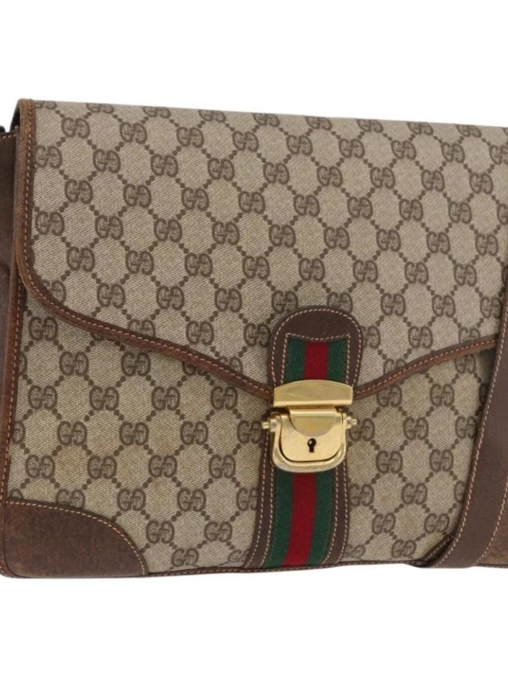 GUCCI GG Supreme Web Sherry Line Shoulder Bag PVC Beige Gold Auth 182477